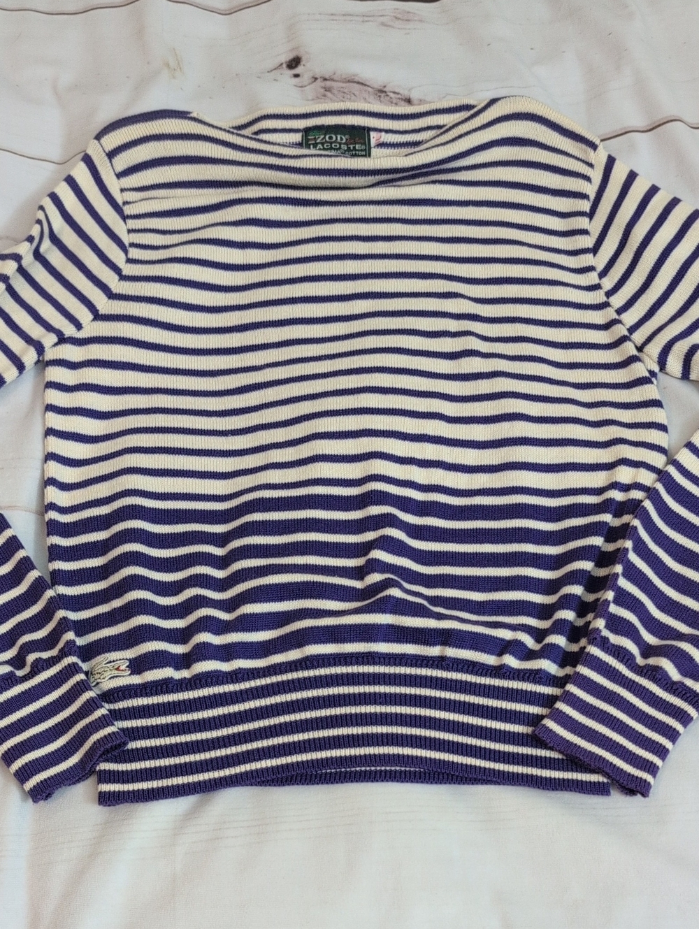 Vintage Izod Lacoste Women's Purple and Cream Stripped Cotton Sweater 60s Large